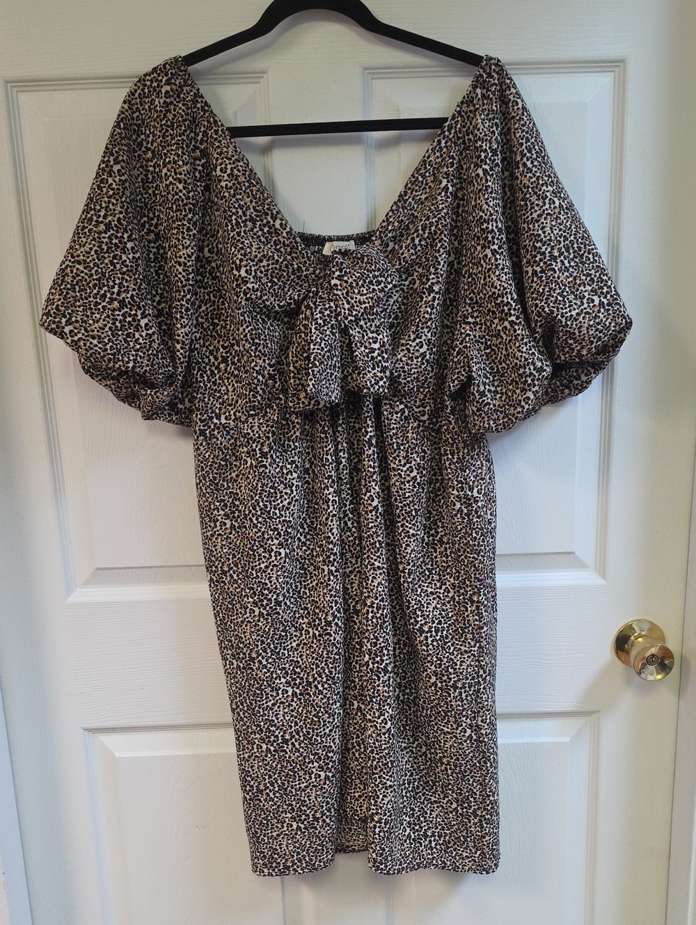 ODDY Leopard Print Midi Dress with Puff Sleeves and Tie-Front - Brown & Black